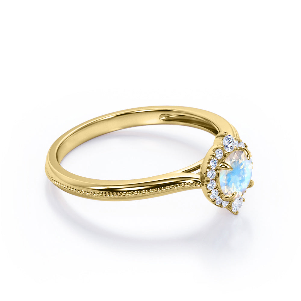 Authentic Milgrain Round cut 1.15 carat Moonstone and Diamond Halo Bridal set in White gold