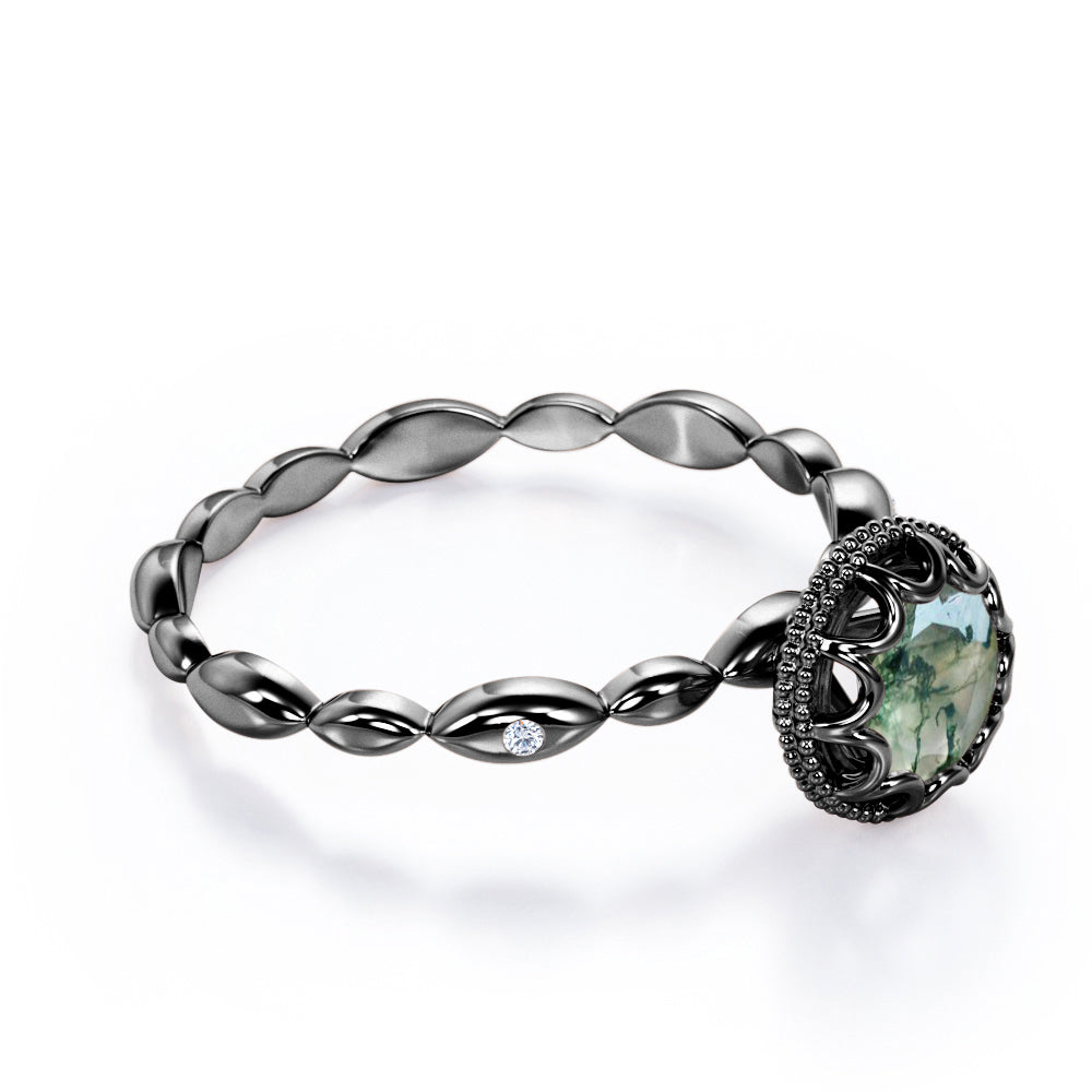 Exquisite infinity rope design 1 carat Round cut Moss Green Agate Scalloped halo engagement ring in White gold