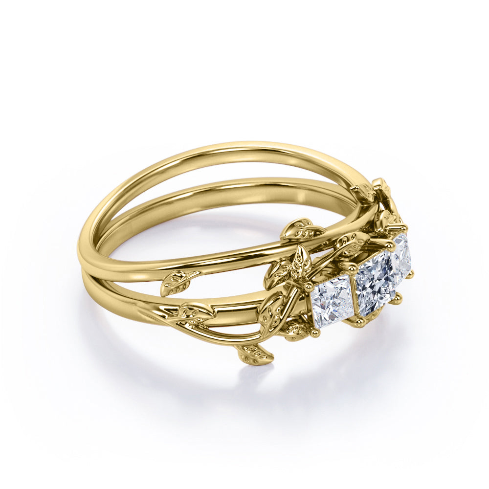 Nature inspired 1.15 carat Princess cut Moissanite and diamond three stone wedding ring set for her