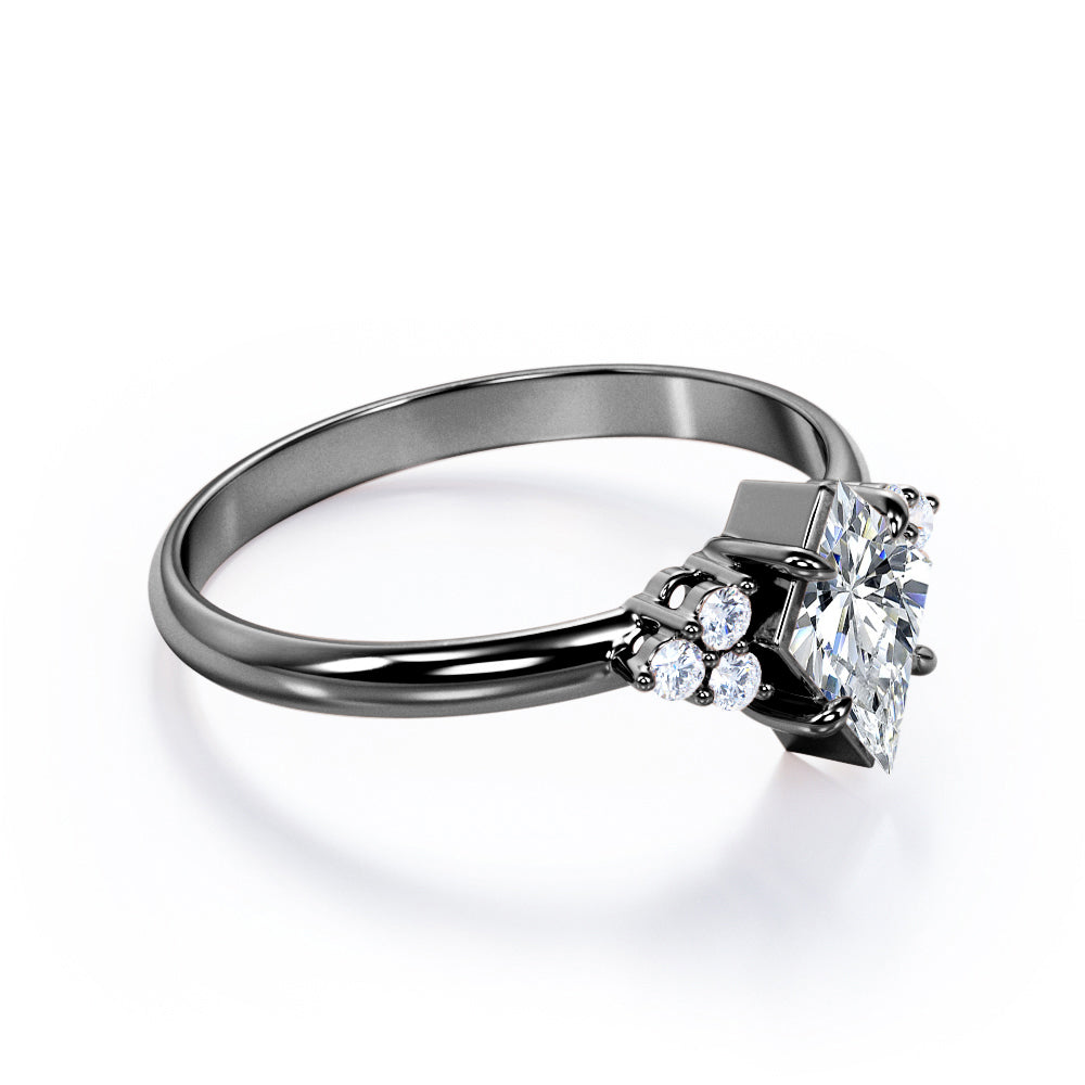 Unique Claw prong 1 carat Kite shaped Moissanite and diamond vintage style engagement ring in White gold