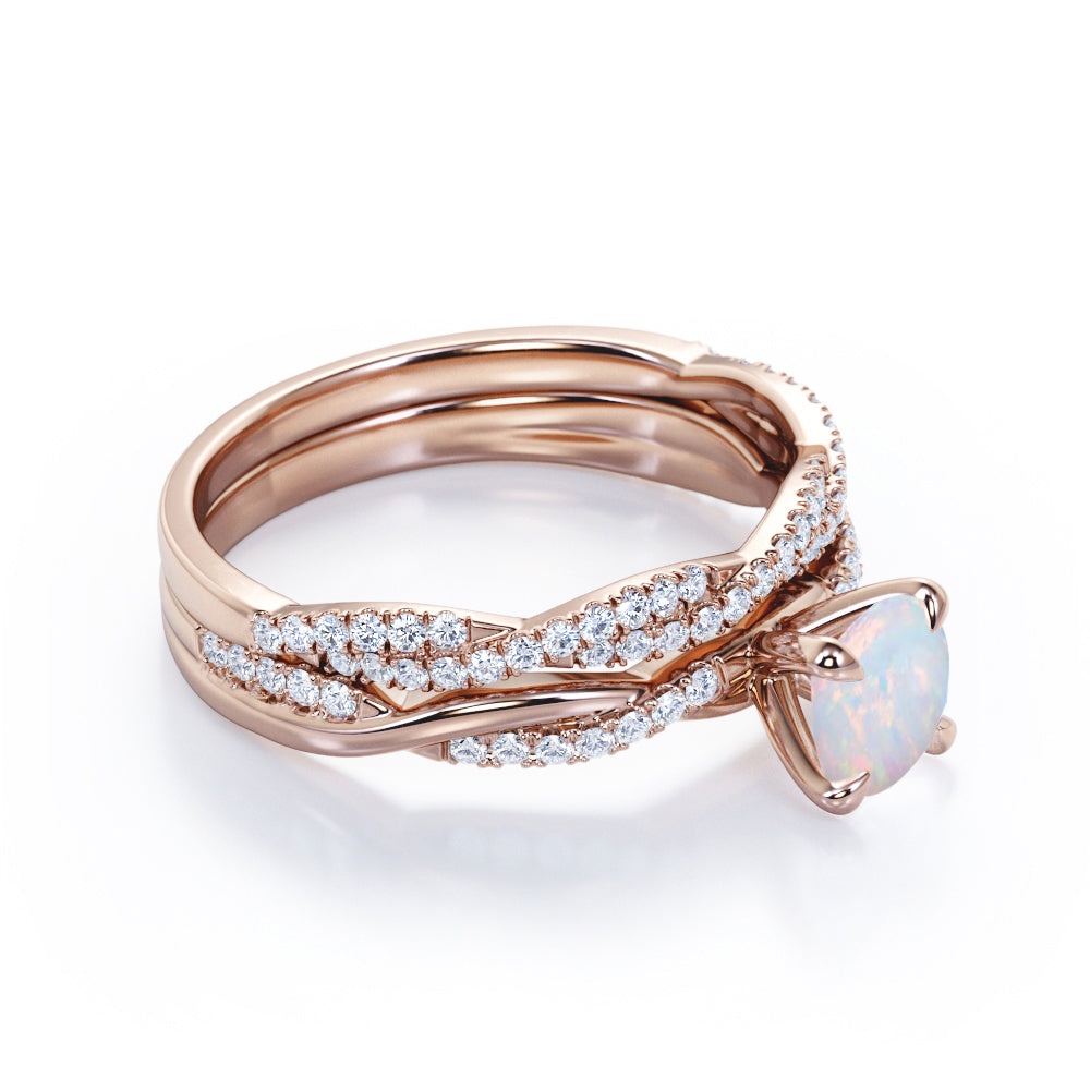 Infinity twist 1.45 carat Round cut natural Ethiopian Opal and diamond Art deco Wedding Bridal ring set in White gold