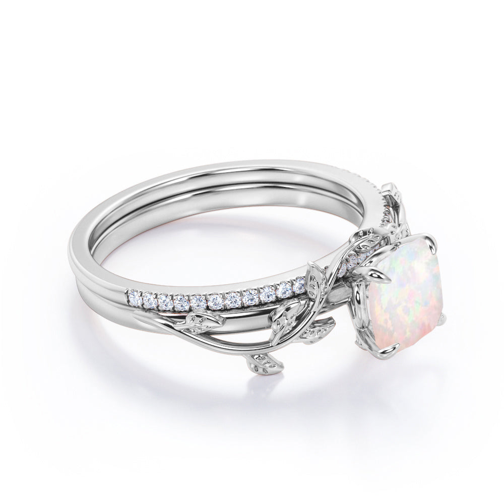 Dainty Vine 1 carat Cushion shaped Fire Opal and diamond wedding Bridal ring set for women