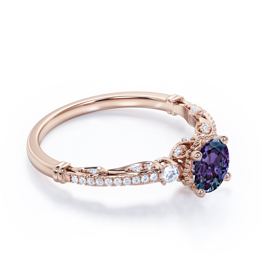 Authentic Scrollwork 1.35 carat Round cut Lab made Alexandrite and diamond eternity engagement ring in Black gold