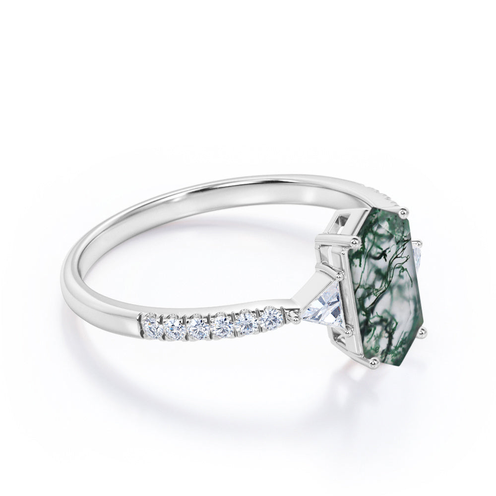 Modern Trillion 1.25 carat Hexagon shaped Moss Green Agate and diamond eternity style engagement ring in Rose gold