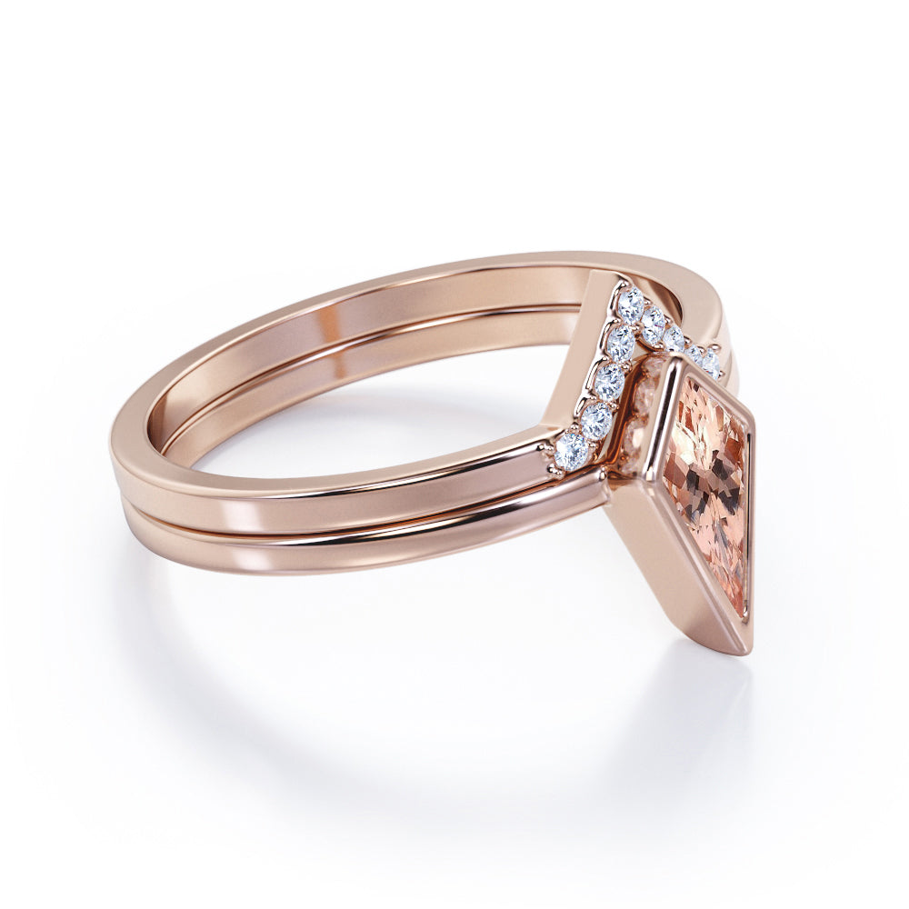 Bezel and tiara chevron 1.15 carat Kite shaped Morganite and diamond vintage Bridal set for women in White gold