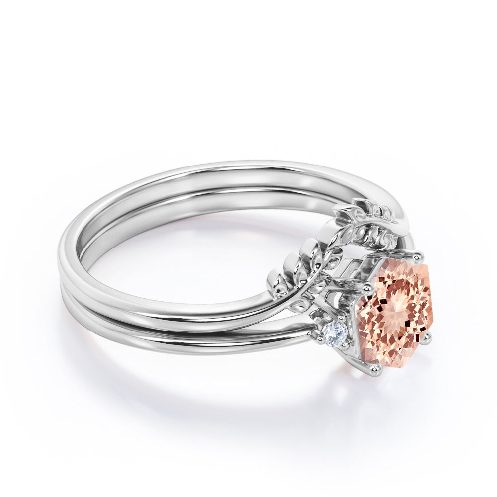 Quadrilateral Chevron 0.55 carat Hexagon Morganite and diamond floral contoured wedding ring set in Black gold