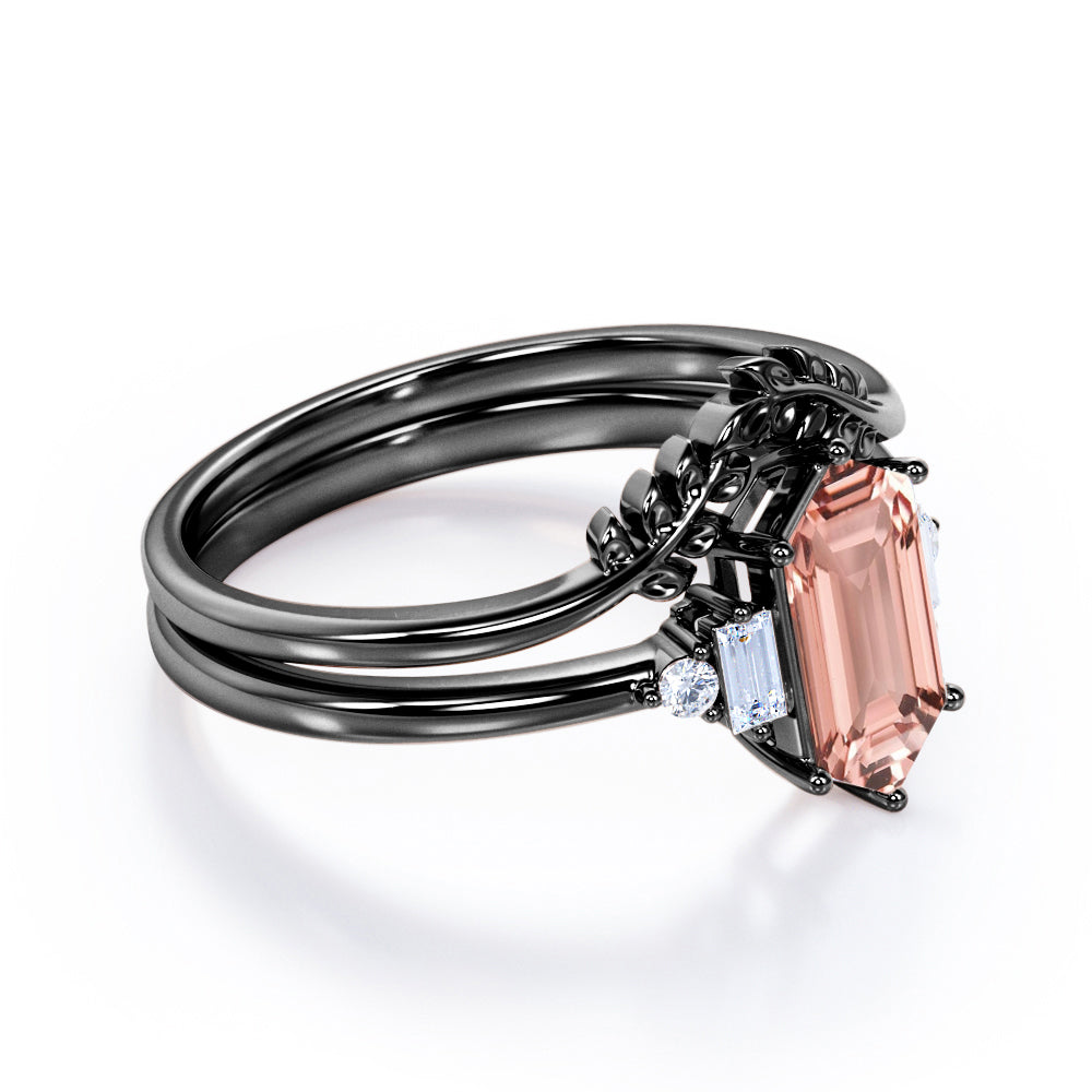 Floral Chevron 1.1 carat Hexagon Morganite and diamond Bridal set for women in Rose gold