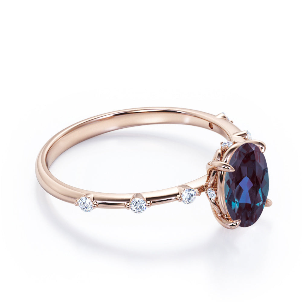 Twig style 1.1 carat Oval shaped Lab made Alexandrite and diamond nature inspired engagement ring in Black gold