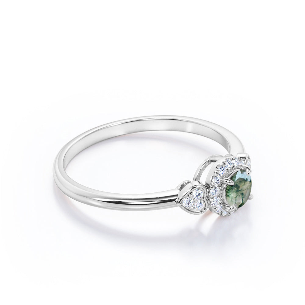 Halo Heart 0.7 carat Round cut Moss Agate and diamond 4 prong engagement ring in Rose gold