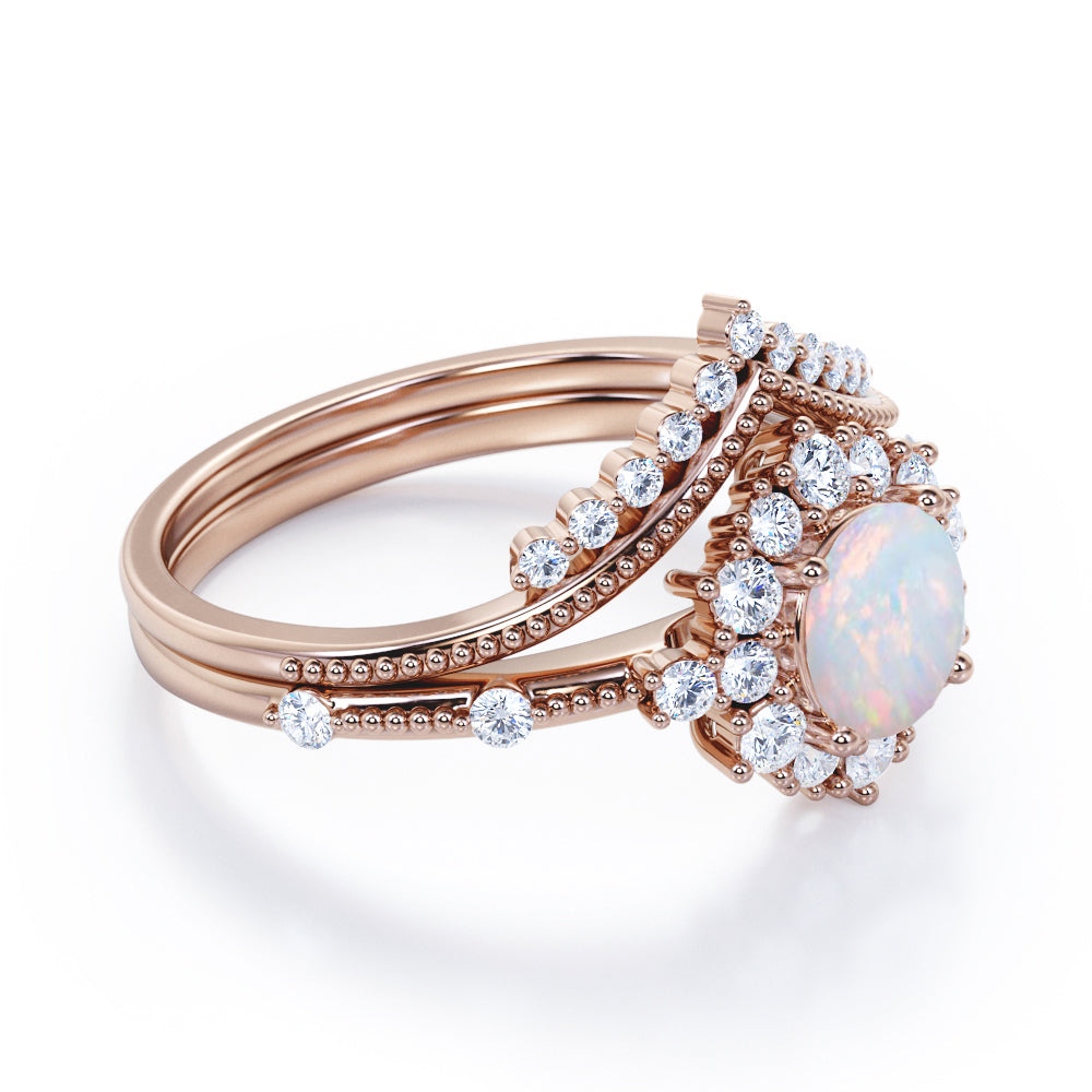 Engraved Chevron 1.35 carat Round cut Ethiopian Opal and diamond vintage halo wedding ring set for women in White gold