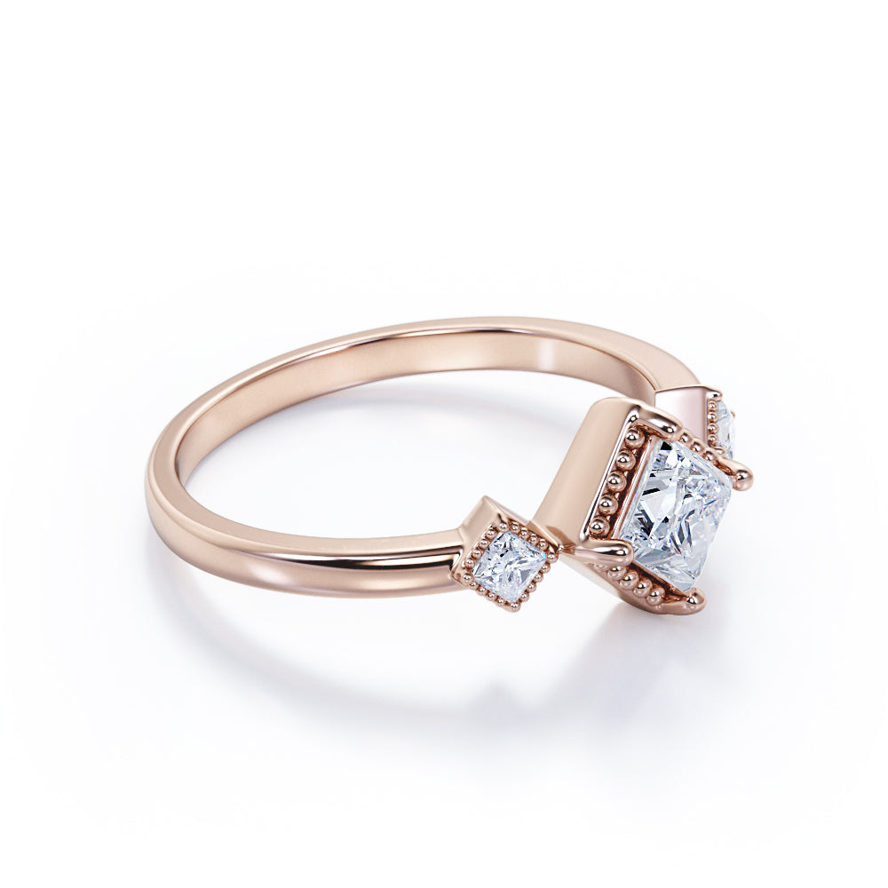 Three stone Bezel set 1.1 carat Princess cut Moissanite and diamond Milgrain wedding ring set for her in White gold