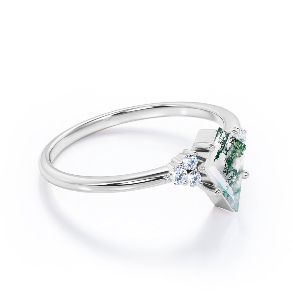 Elegant 1.1 carat Kite shaped Moss Green Agate and diamond 7 stone engagement ring in Black gold