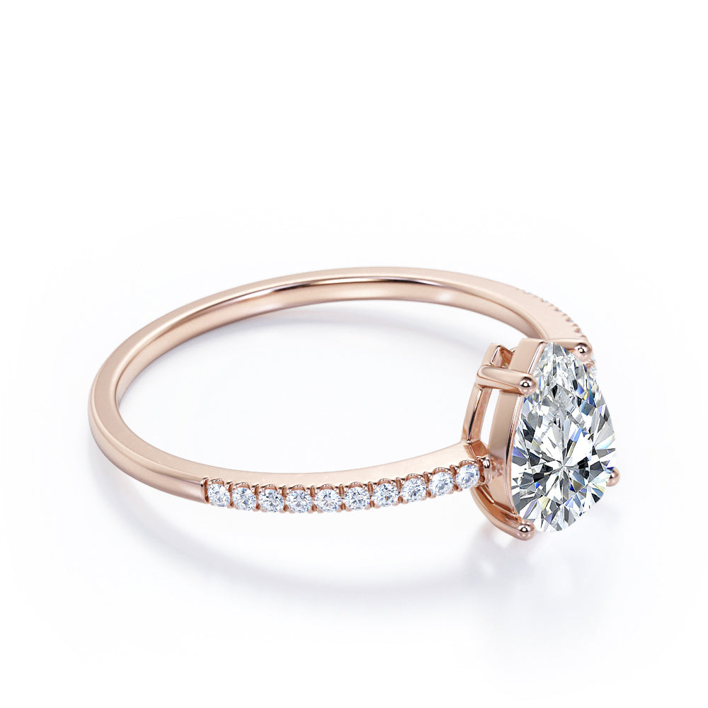 Elegant 1.2 carat Pear shaped Moissanite and diamond vintage prong engagement ring in Black gold