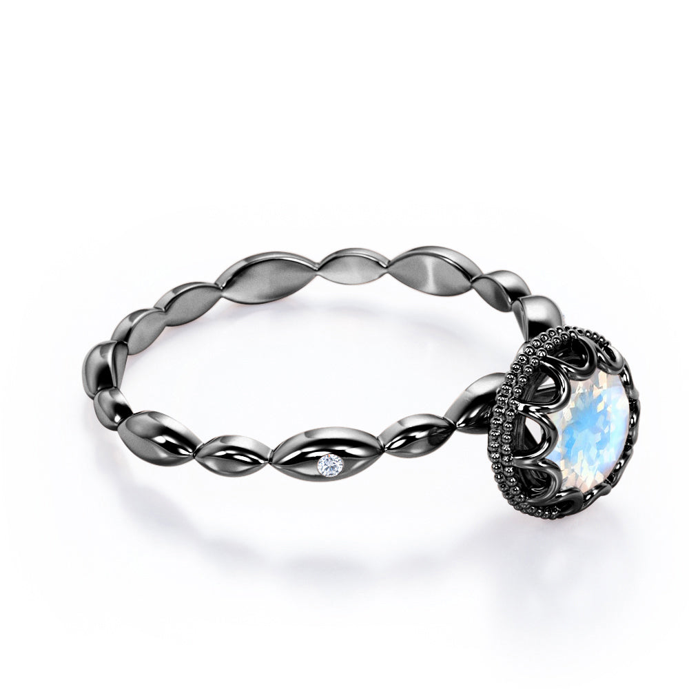 Flower Milgrain Halo 1 carat Round cut Blue Moonstone solitaire infinity engagement ring in White gold