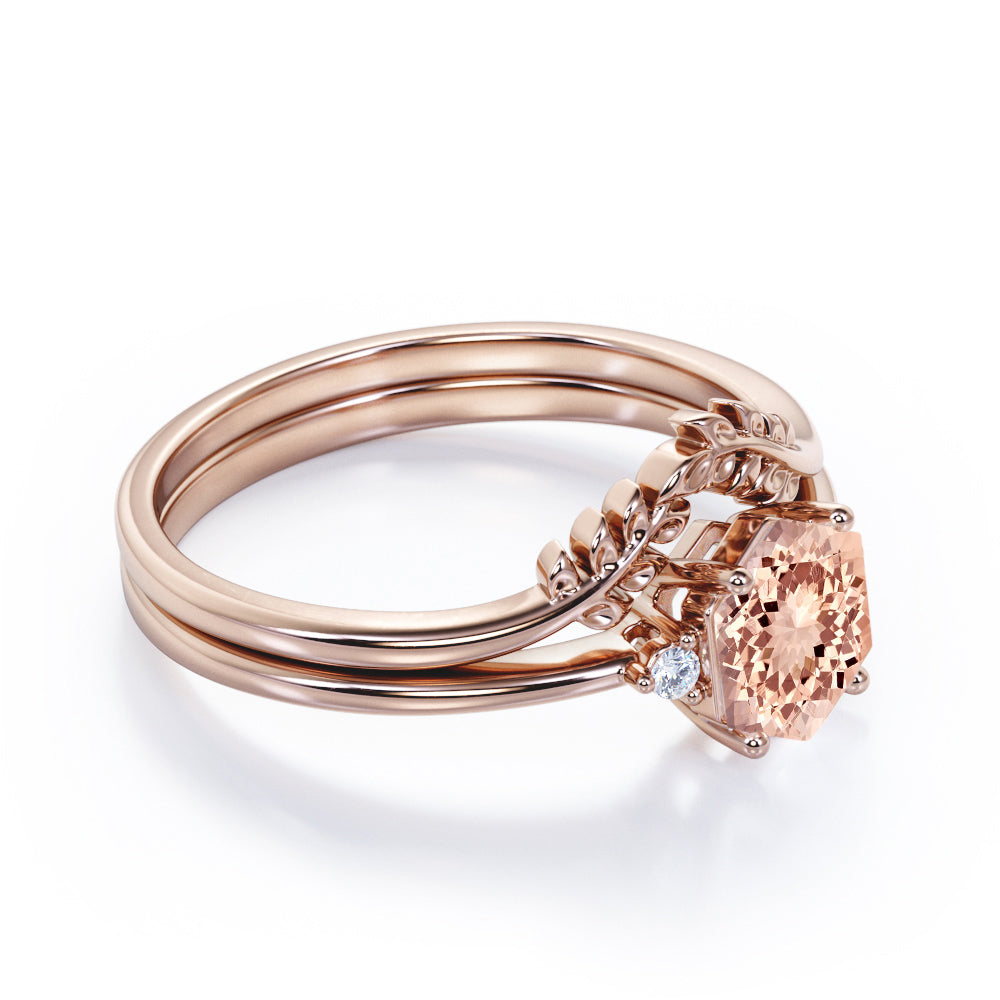 Quadrilateral Chevron 0.55 carat Hexagon Morganite and diamond floral contoured wedding ring set in Black gold