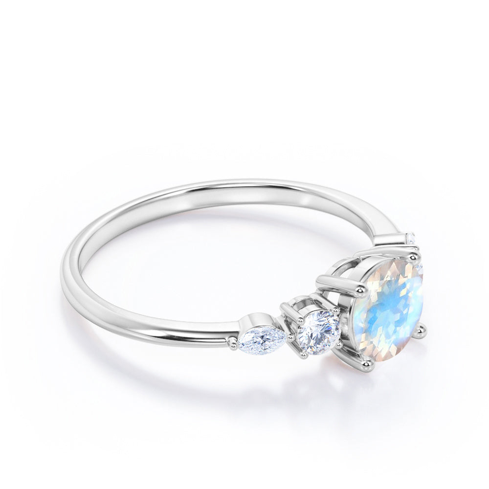 Artistic Five stone 1.1 carat Round cut Moonstone and diamond pinched shank engagement ring in Black gold