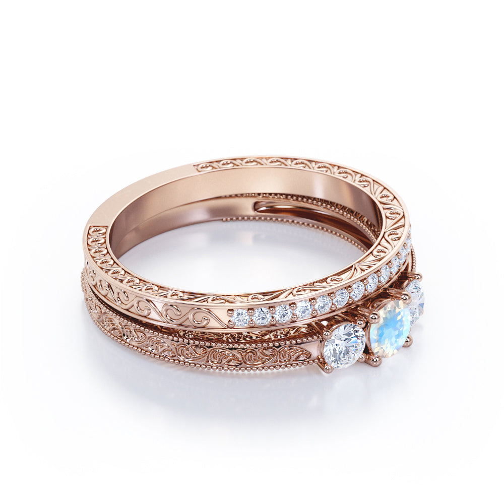 Past Present future 1.25 carat Round cut Vintage art deco Moonstone and diamond wedding ring set for her