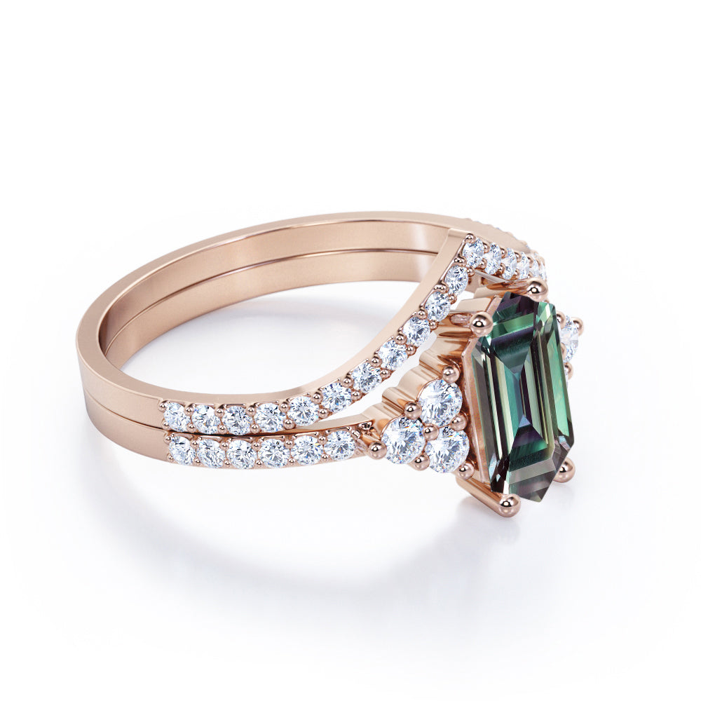 Pave Chevron 1.7 carat Hexagon shaped Lab made Alexandrite and diamond wedding ring set for her in White gold