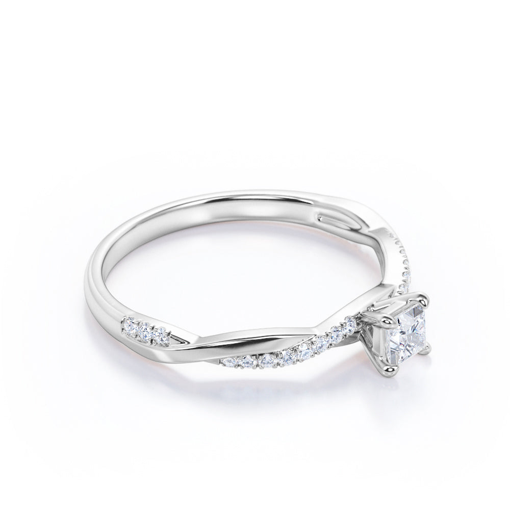 Delicate 0.7 carat Princess cut Moissanite and diamond twisted infinity engagement ring in Rose gold