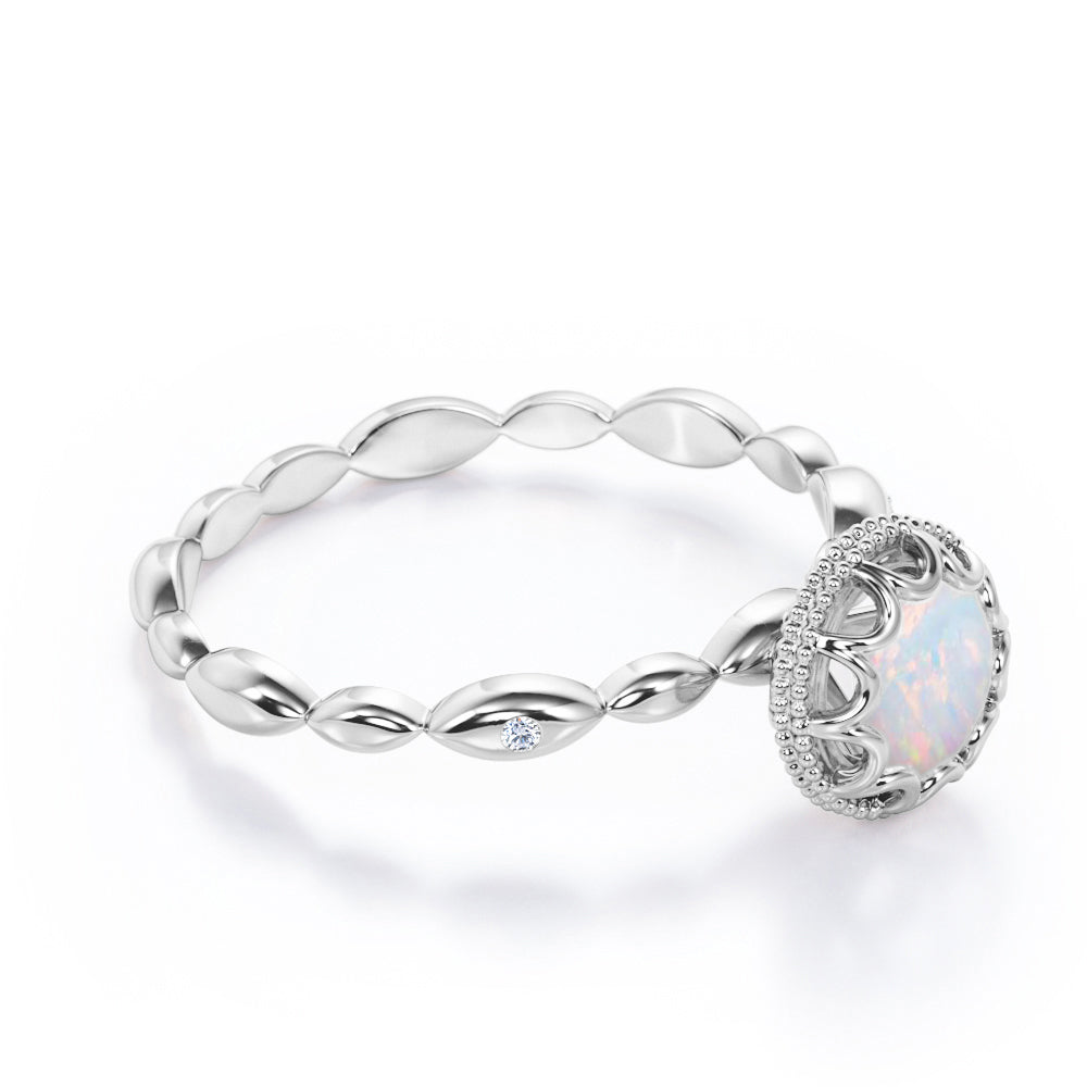 Scalloped halo 1 carat Round cut Ethiopian Opal milgrain edge engagement ring in Rose gold