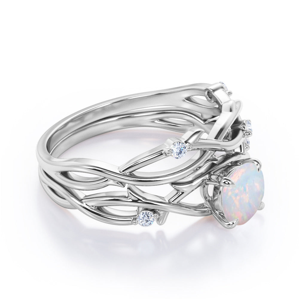 Twisted vine inspired 1 carat Round cut Opal and diamond claw prong wedding ring set for women in Black gold