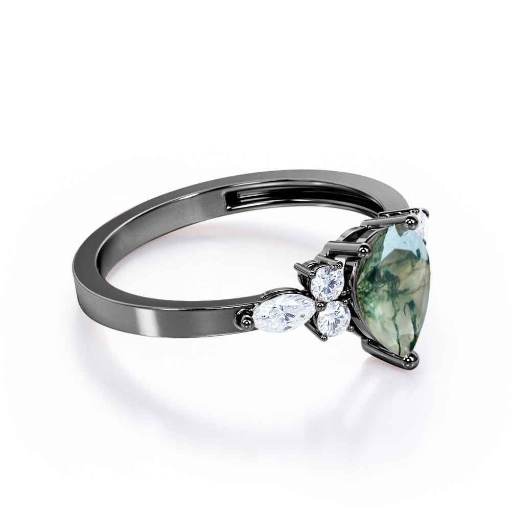 1.15 carat Pear cut Moss Agate and diamond prong style promise ring in Rose gold