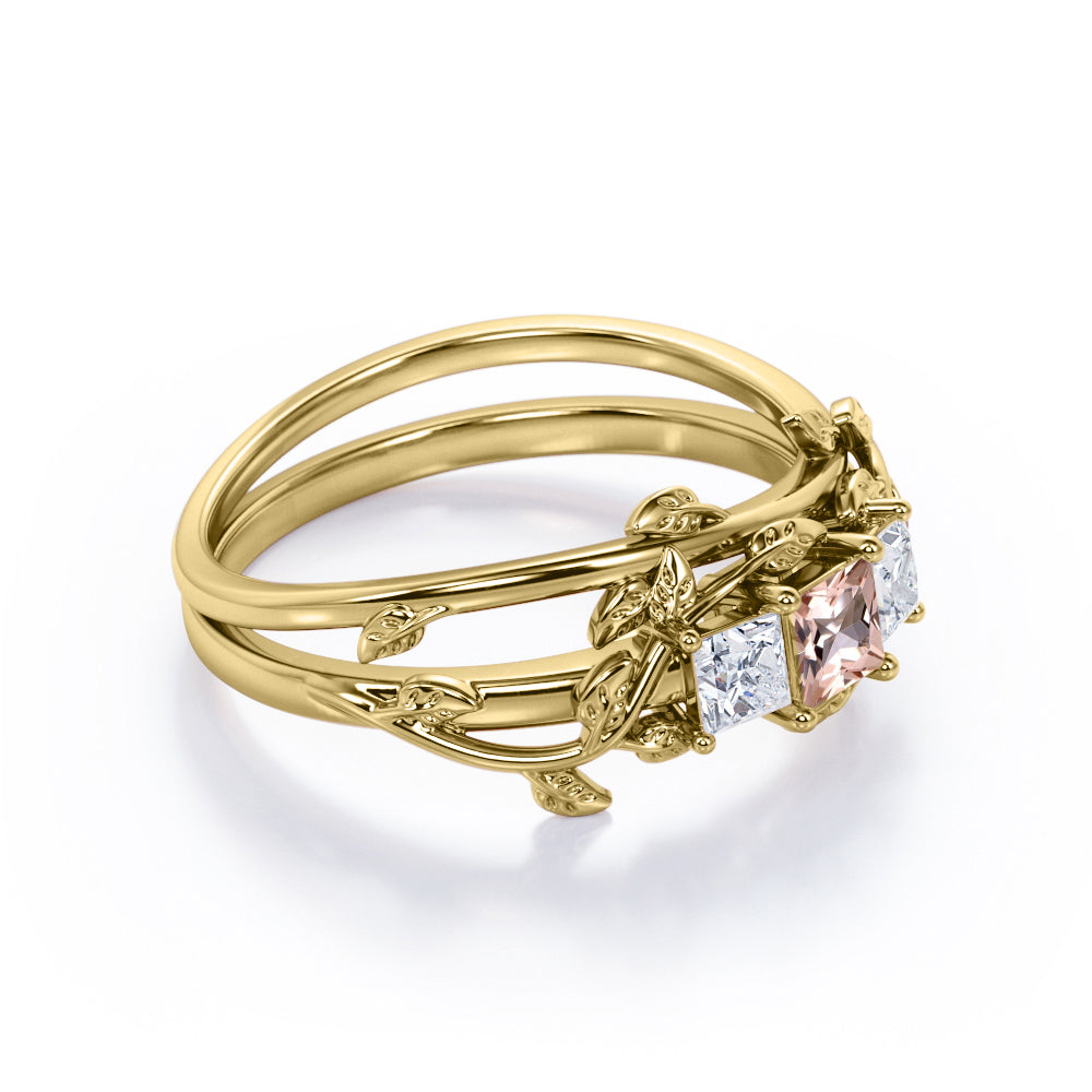Past, Present, Future 1.1 carat Princess cut Morganite and diamond earthy engagement ring set in White gold-Bridal set