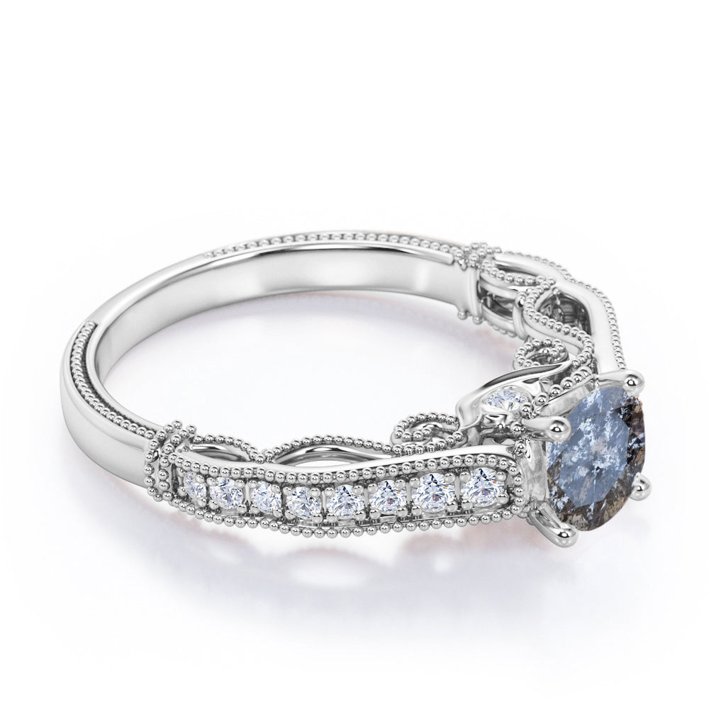 Eccentric filigree 0.75 carat Round cut Salt and pepper diamond and White diamond channel setting engagement ring for women in Rose gold