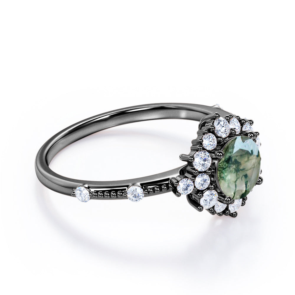 Engraved Vintage 1.25 carat Round cut Moss Green Agate and diamond Edwardian art deco engagement ring in Rose gold