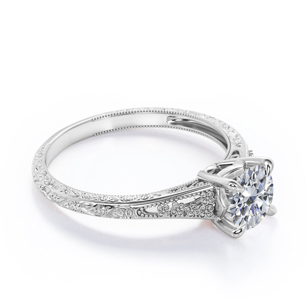 Floral art inspired 1 carat Round cut Moissanite split shank engagement ring in Rose gold
