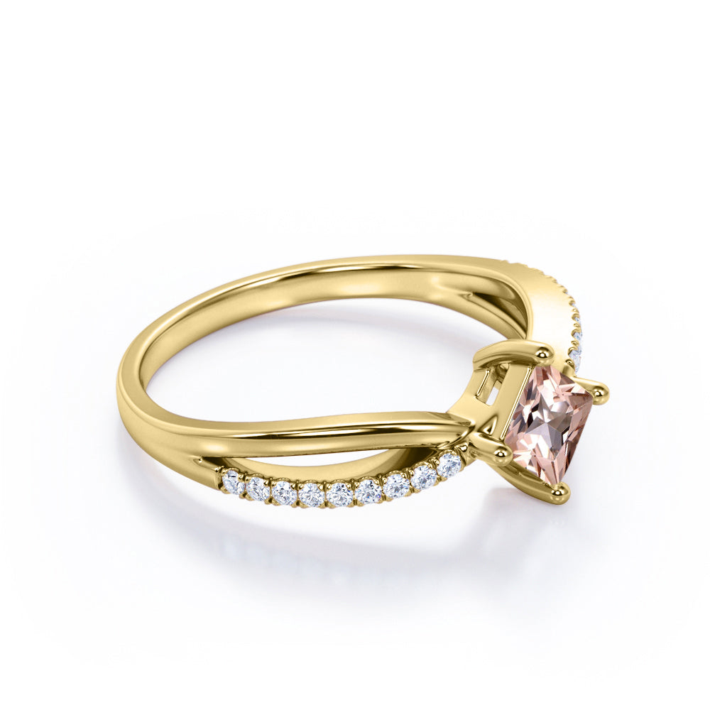 Exquisite 1.25 carat Princess cut Morganite and diamond - compass prong setting - Split Shank engagement ring for women