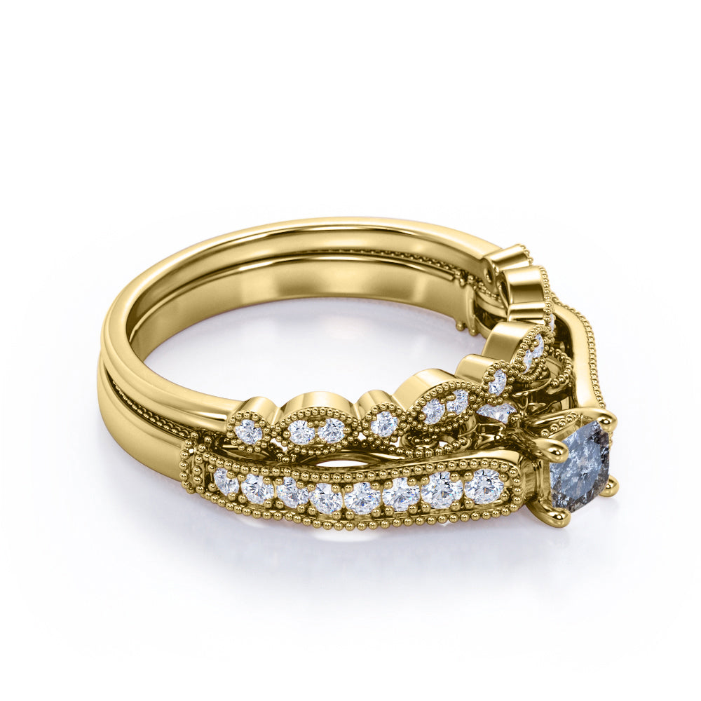 Exquisite Bead décor 0.8 carat Round cut Salt and pepper diamond and white diamond art deco bridal set for her in rose gold