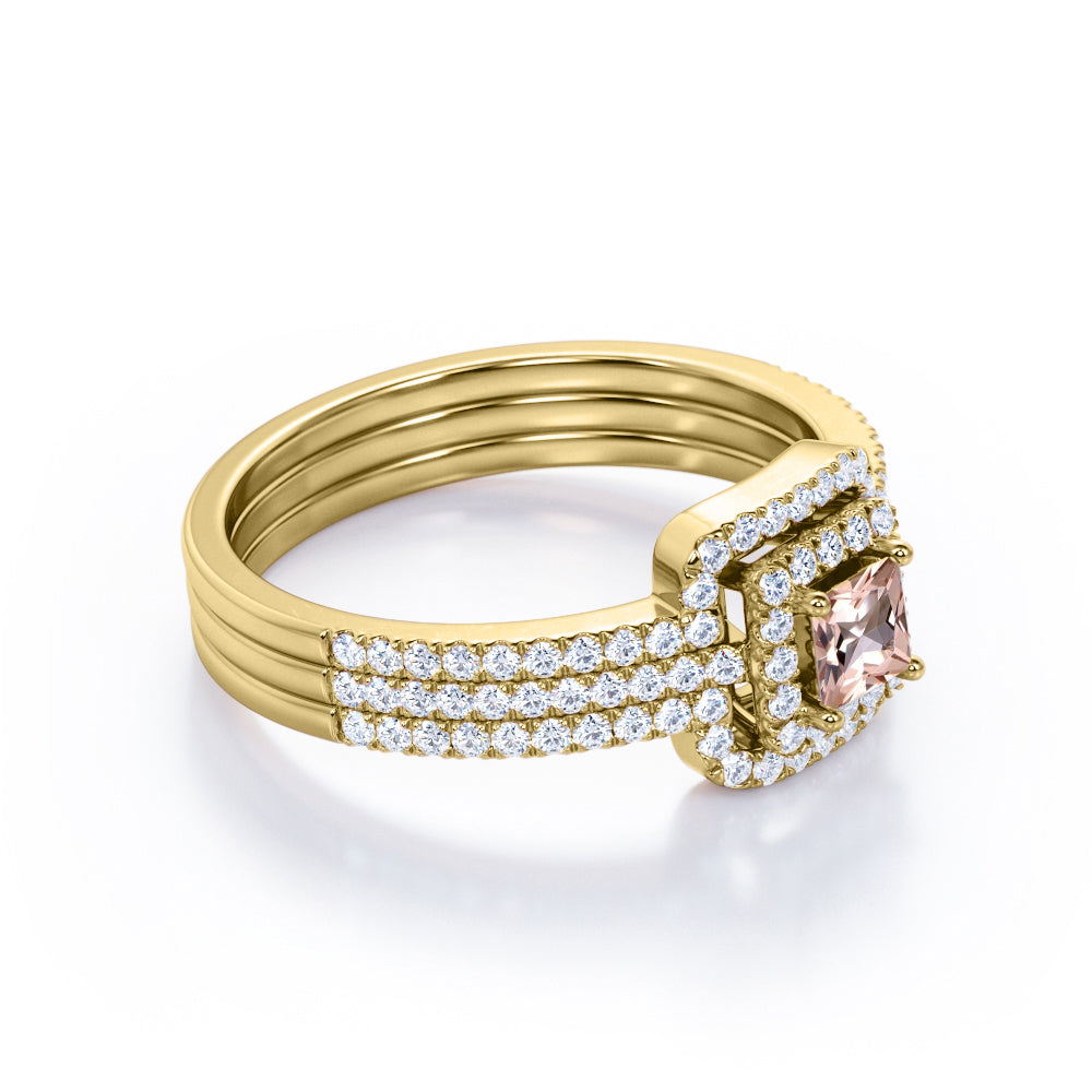 Authentic Antique 1.5 carat Princess cut Peach Pink Morganite and diamond trio wedding ring set for women in Rose gold
