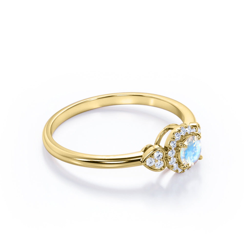 Triple stone 1.25 carat Round cut Rainbow Moonstone and diamond vintage double heart sweetheart ring in Rose gold-Engagement ring