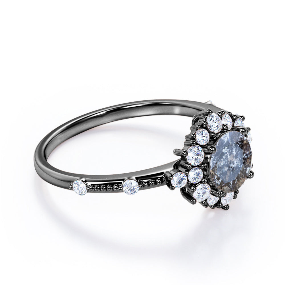 Floral Cluster 0.85 carat Round cut Salt and pepper diamond and White diamond beaded engagement ring in White gold