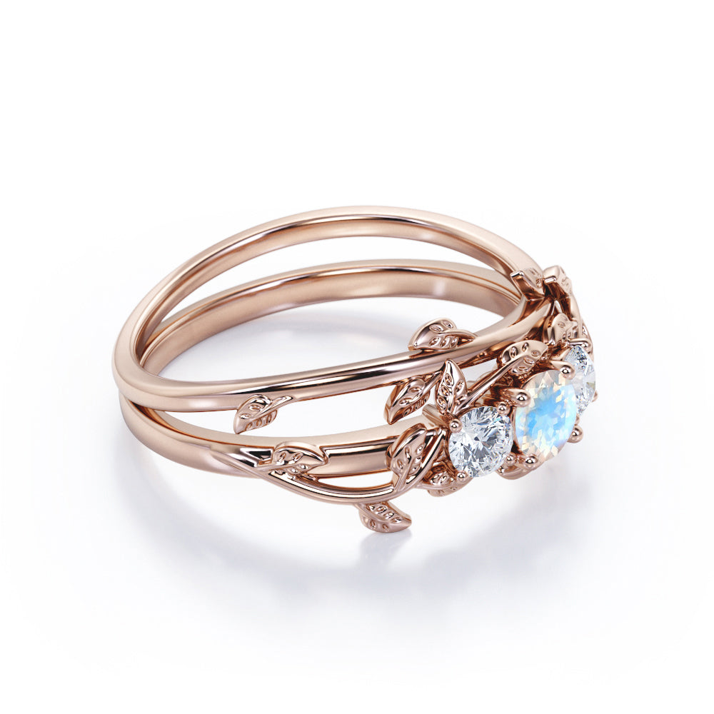 Nature inspired Round cut 0.65 carat Moonstone and diamond Trio stone Bridal ring set for women in gold