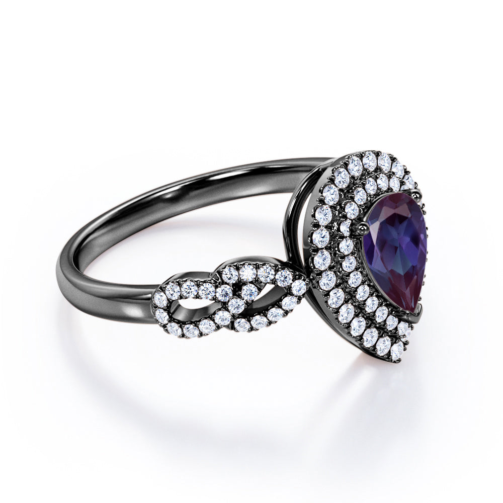 Floral leaf inspired 1.75 carat Pear cut Lab created Alexandrite and diamond double halo engagement ring in White gold