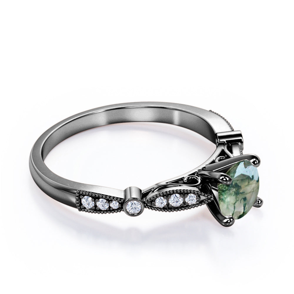 Art deco Cathedral 1.2 carat Round cut Moss Green Agate and diamond bead décor engagement ring in Rose gold