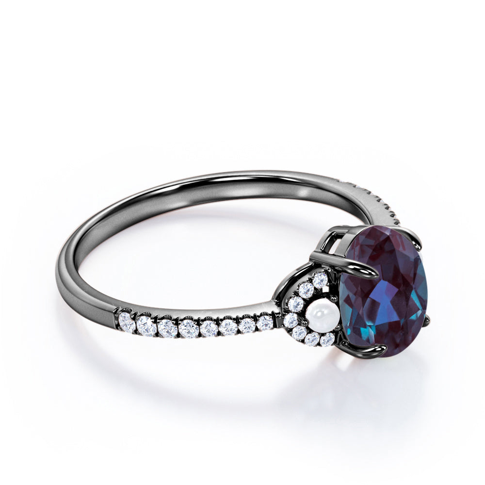 Crescent bands 1.5 carat Oval shaped Synthetic Alexandrite, diamonds and pearl engagement ring in White gold