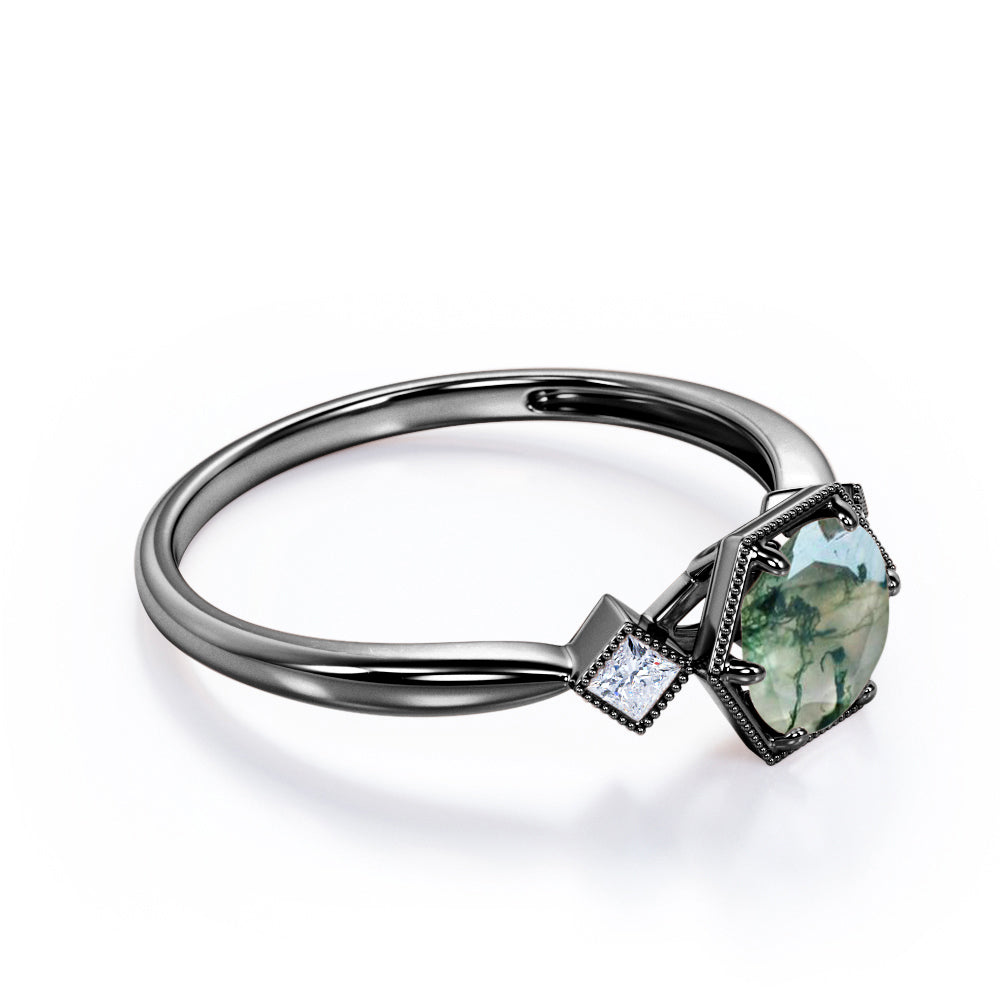 Trillion Bead décor 1.1 carat Round cut Moss Green Agate and diamond tapered engagement ring in Rose gold