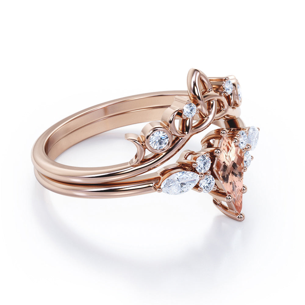 Triad Crown style 1.25 carat Kite shaped Morganite and diamond 6 prong setting wedding ring set in White gold
