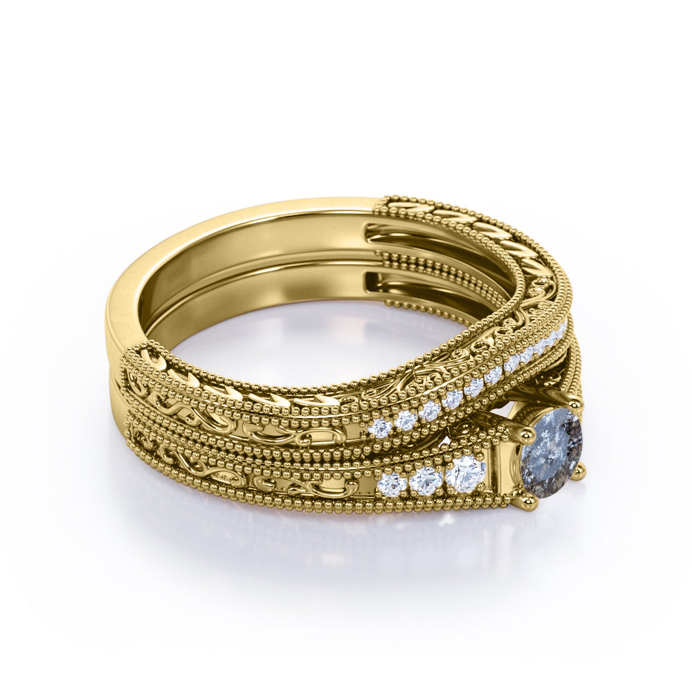 Contoured filigree 0.8 carat Round cut Salt and pepper diamond and White diamond vintage chevron wedding ring set in white gold