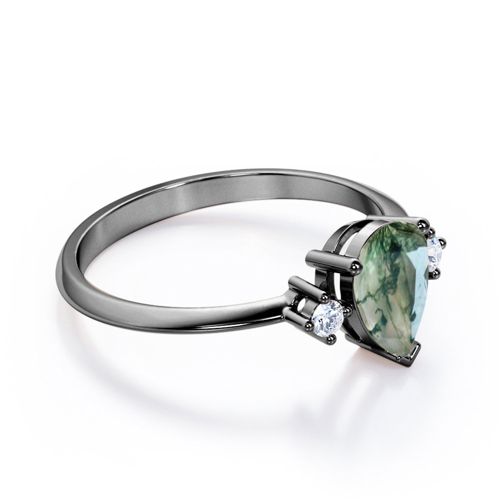 Vintage trinity 1.1 carat Pear cut Moss Green Agate and diamond pinched shank engagement ring in Rose gold