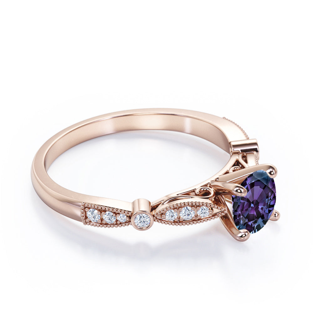 Claw Cathedral setting 1.15 carat Round cut Lab created Alexandrite and diamond art deco engagement ring in White gold