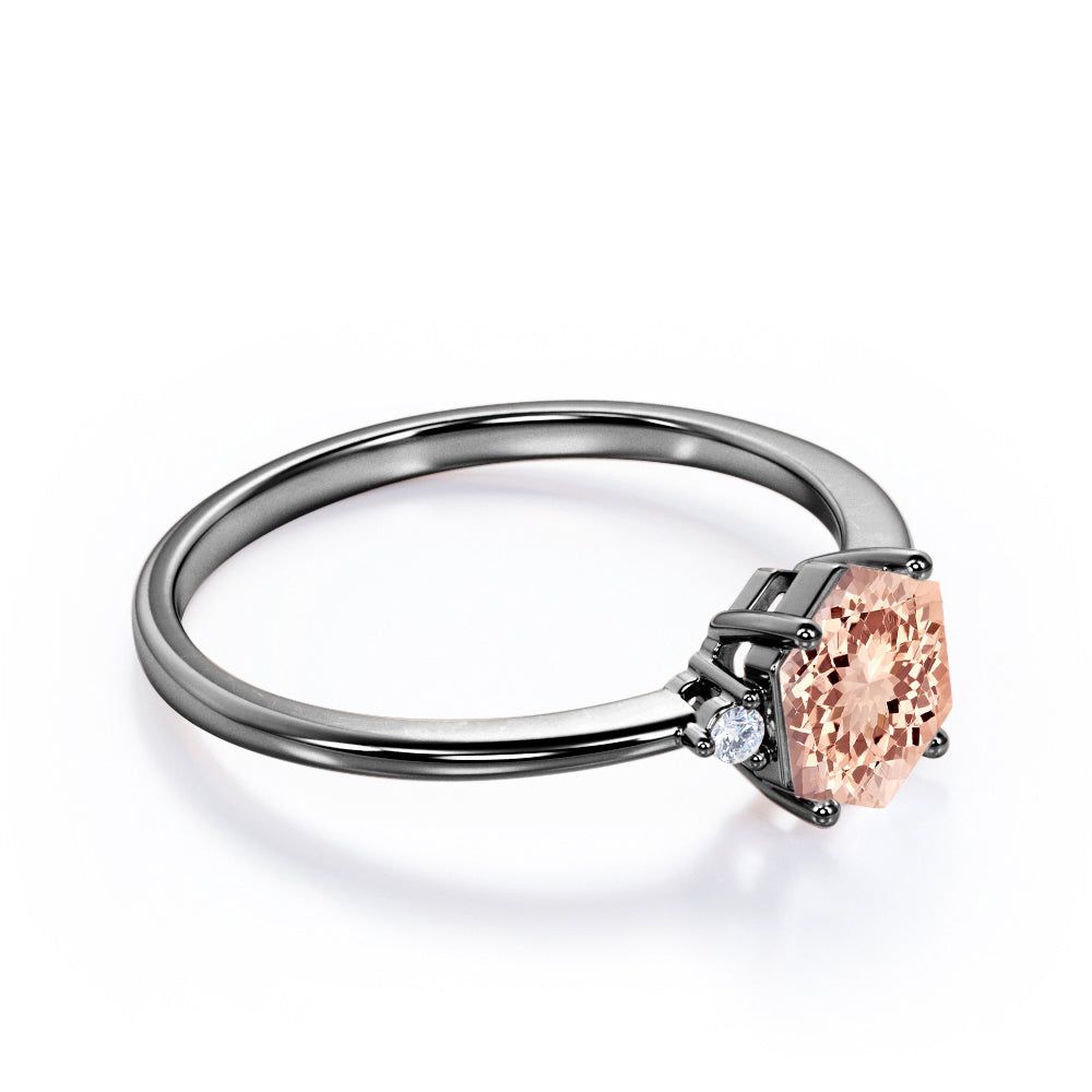Asymmetrical Trilogy 0.55 carat Hexagon Morganite and diamond 3 stone engagement ring in Rose gold