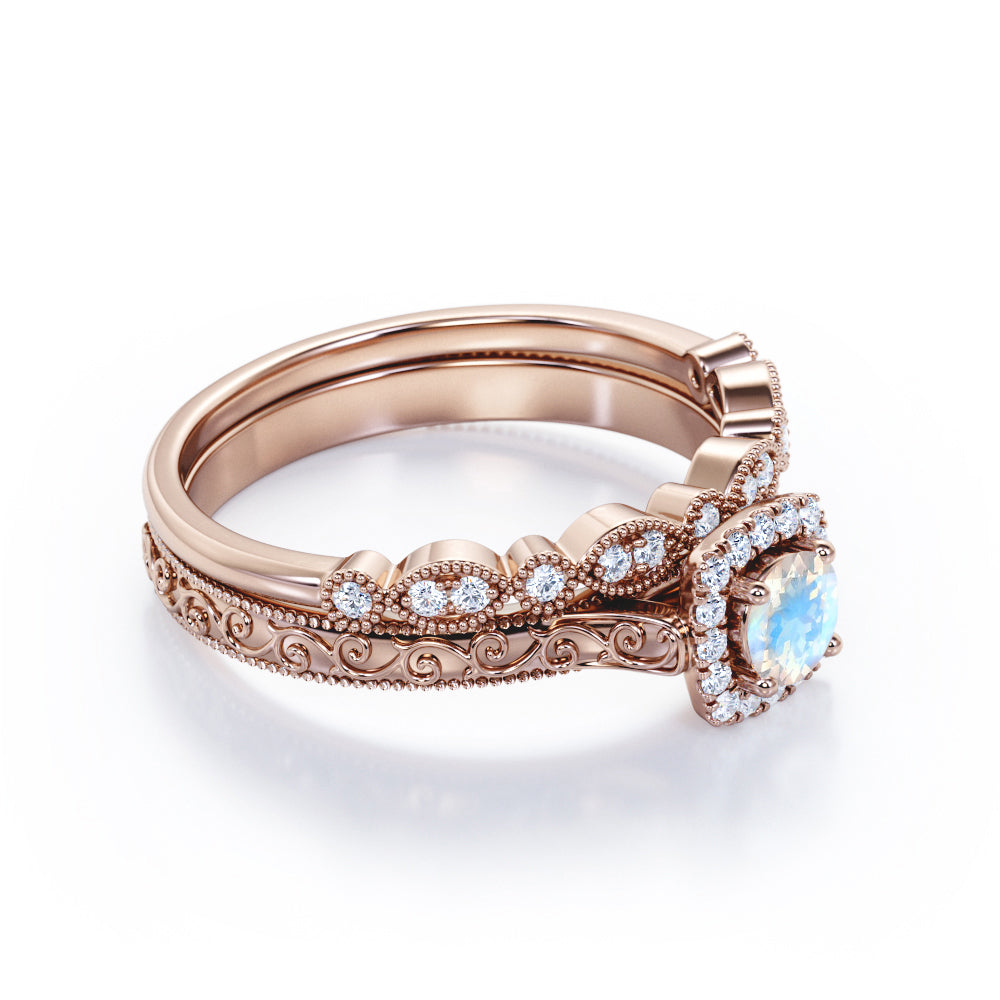 Antique Filigree and Milgrain 1.5 carat Round cut Moonstone and diamond square halo engagement ring in yellow gold