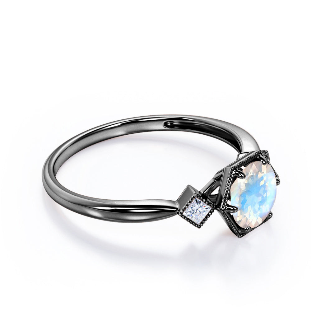 Triple Bezels 1.1 carat Round cut Moonstone and diamond Milgrain engagement ring in White gold