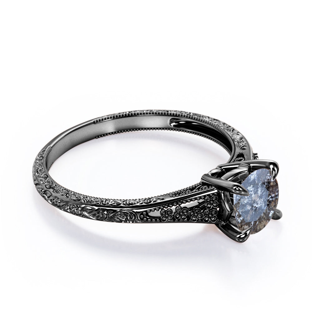 Floral Split Shank 0.5 carat Round cut Salt and pepper diamond earthy engagement ring in Rose gold