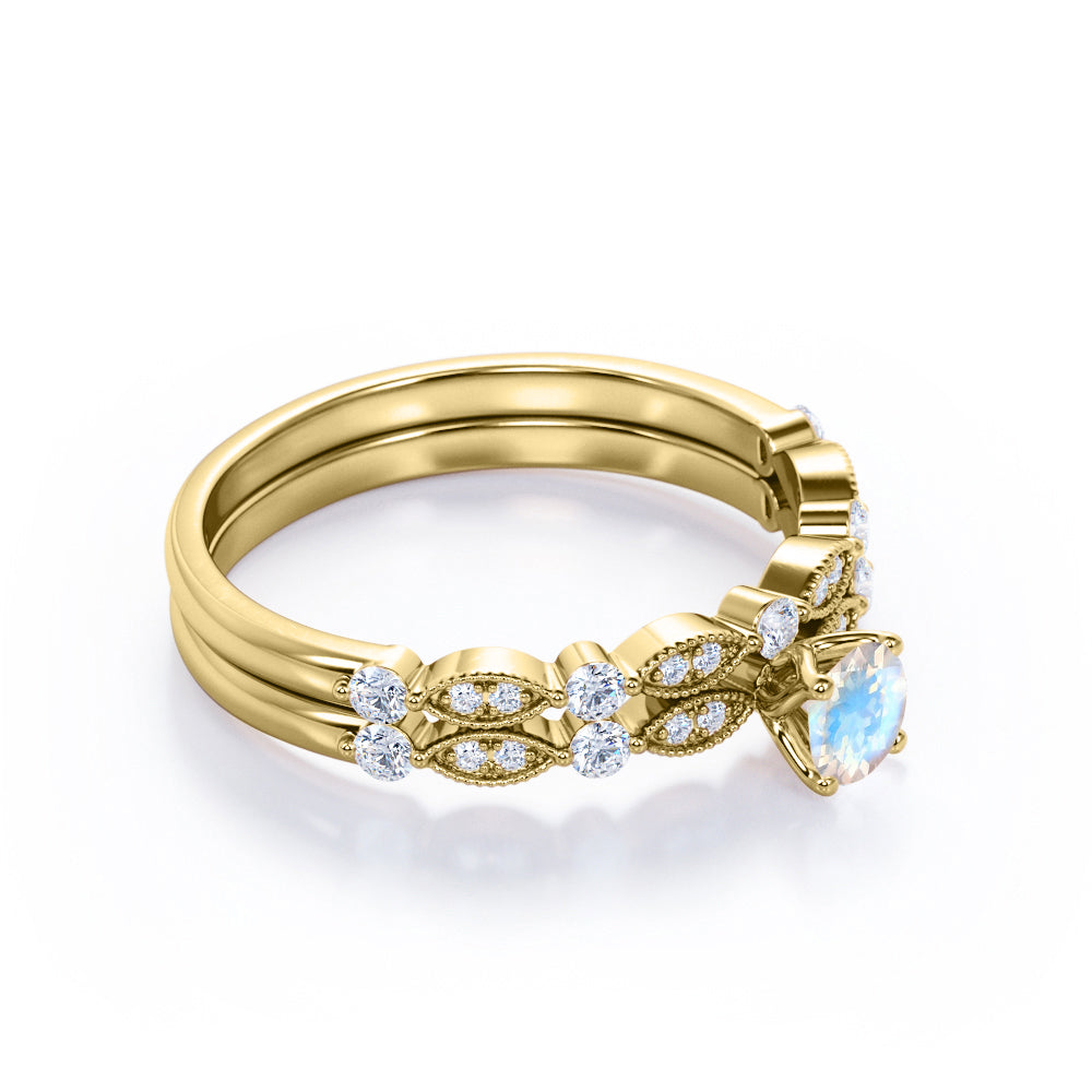 Classic Milgrain Bead style 0.85 carat Round cut Rainbow Moonstone and diamond engagement ring in Rose gold
