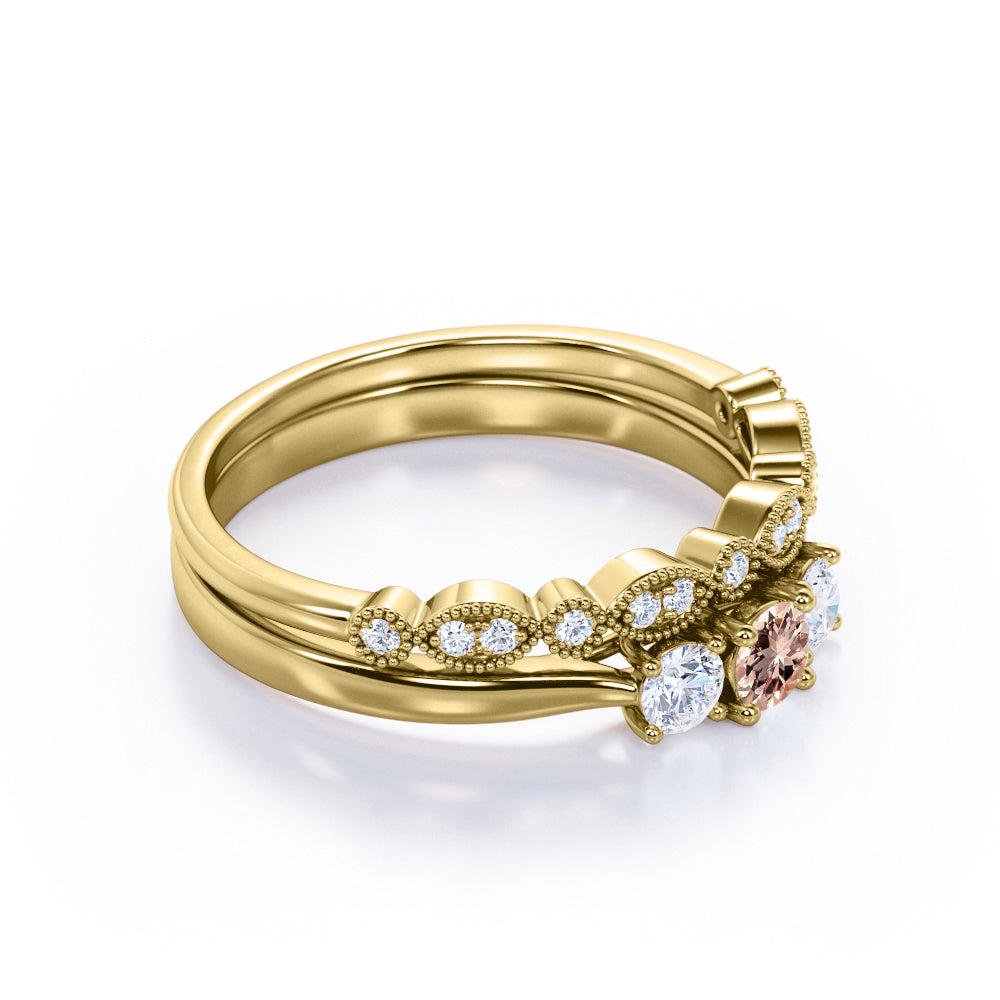 Antique Trilogy 0.8 carat Round cut Peach Pink Morganite and diamond Milgrain wedding ring set in White gold